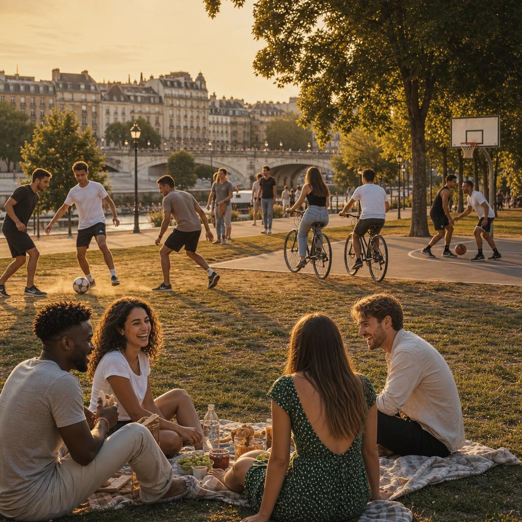 Friends enjoying different activities together in a city park — football, cycling, a picnic and more