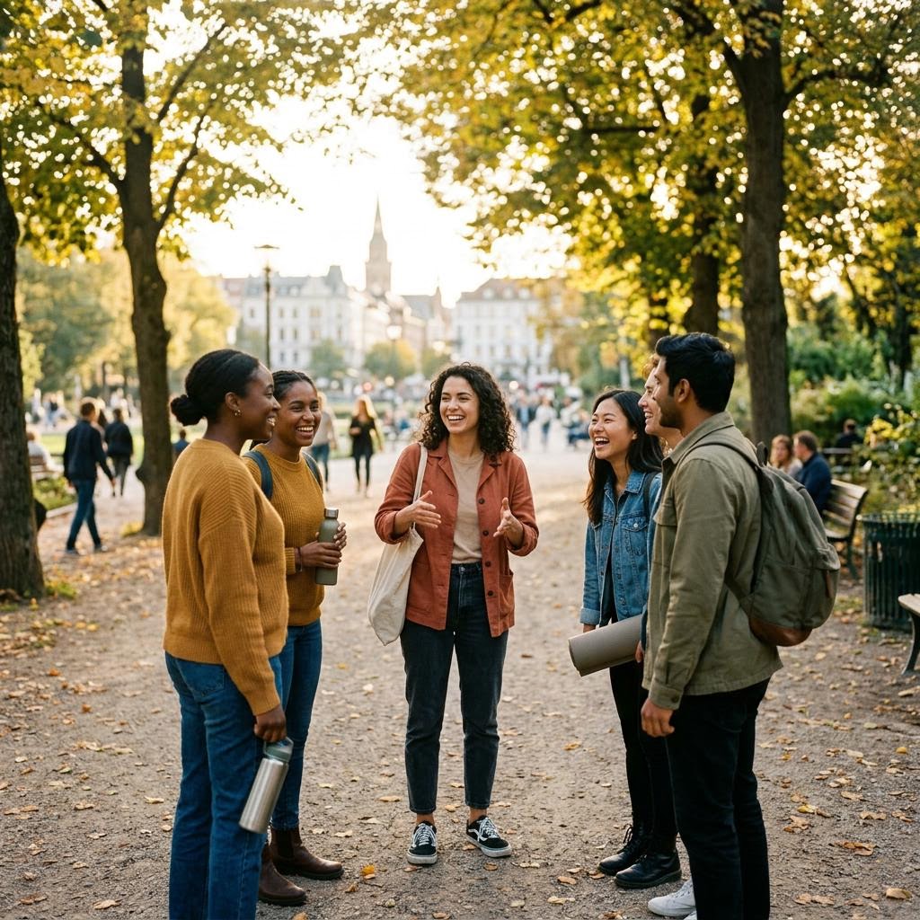 An organizer warmly welcoming participants arriving to a group activity in a park